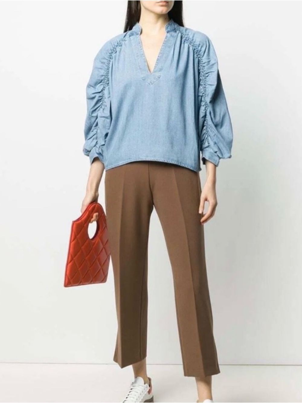 Frame Denim Ruched Cali Popover Denim Top V-Neck Small Blue Ruched Sleeve GUC